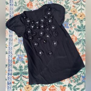 ANNE FONTAINE BLACK SILK BLOUSE FLORAL APPLIQUÉ TOP SIZE 38